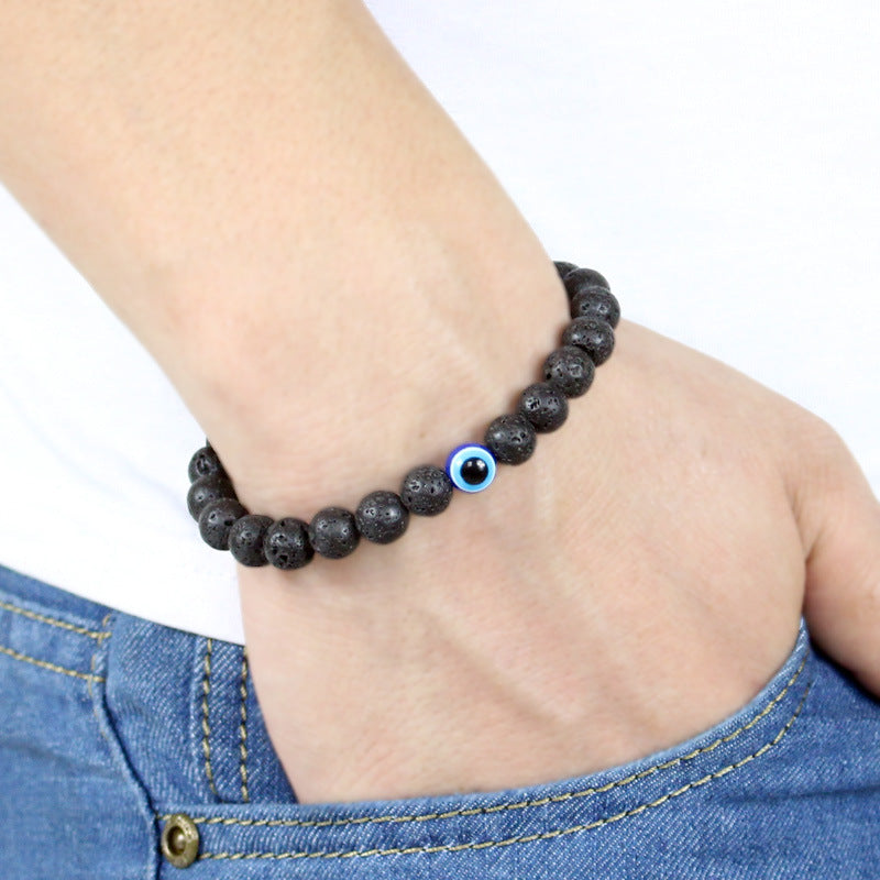 Trendy Effen Kleur Klassieke Turkse Boze-Oog (Nazar) Armband met Zwarte Natuurstenen (Obsidiaan) voor Heren