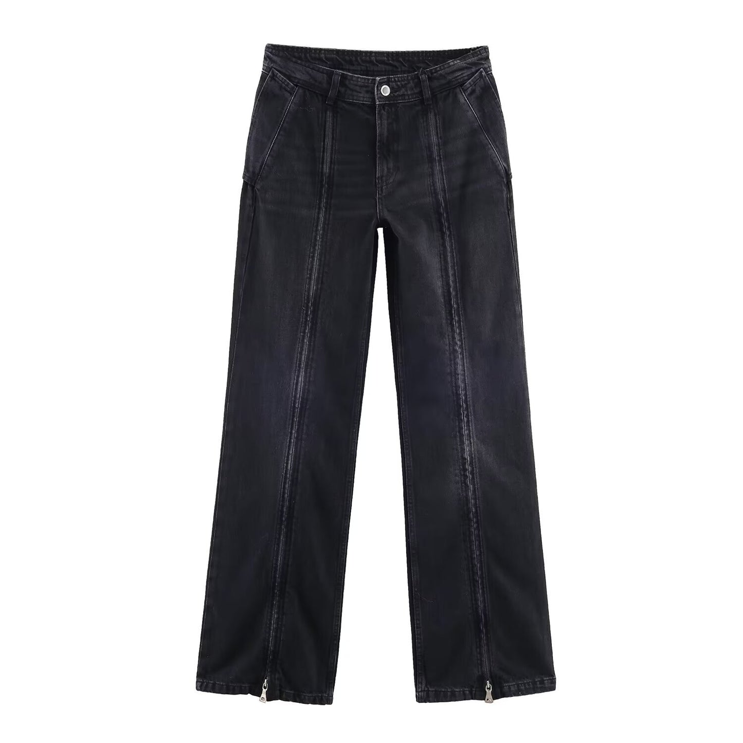 Modieuze Unieke Effen Kleur Middelhoge Taille Casual Jeans met Wijde Pijpen en Ritssluiting voor Unisex