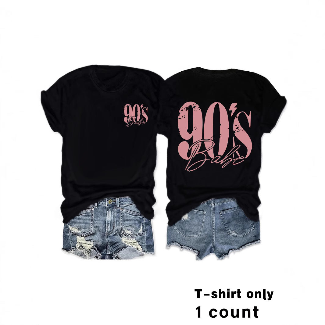 Eenvoudige Stijlvolle Effen Kleur Casual Ronde Hals T-shirt met Bedrukte Jaren 90 Print en Korte Mouwen voor Dames/Meiden & Plus-Size