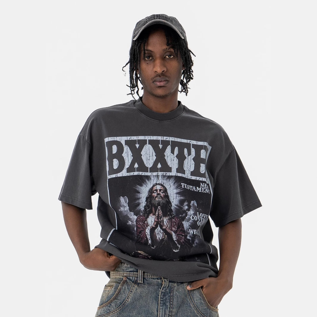 LANHAI Trendy Effen Kleur Oversized Casual Vintage Washed Ronde Hals T-shirt met Grafisch Bedrukte Gebedsprint en Korte Mouwen voor Heren