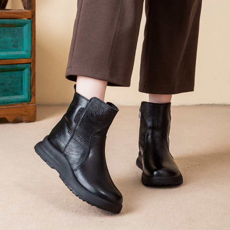 Trendy Casual Effen Kleur Comfortabele Enkellaarzen van Echt Leer met Ronde Neus en Platte Zool voor Dames