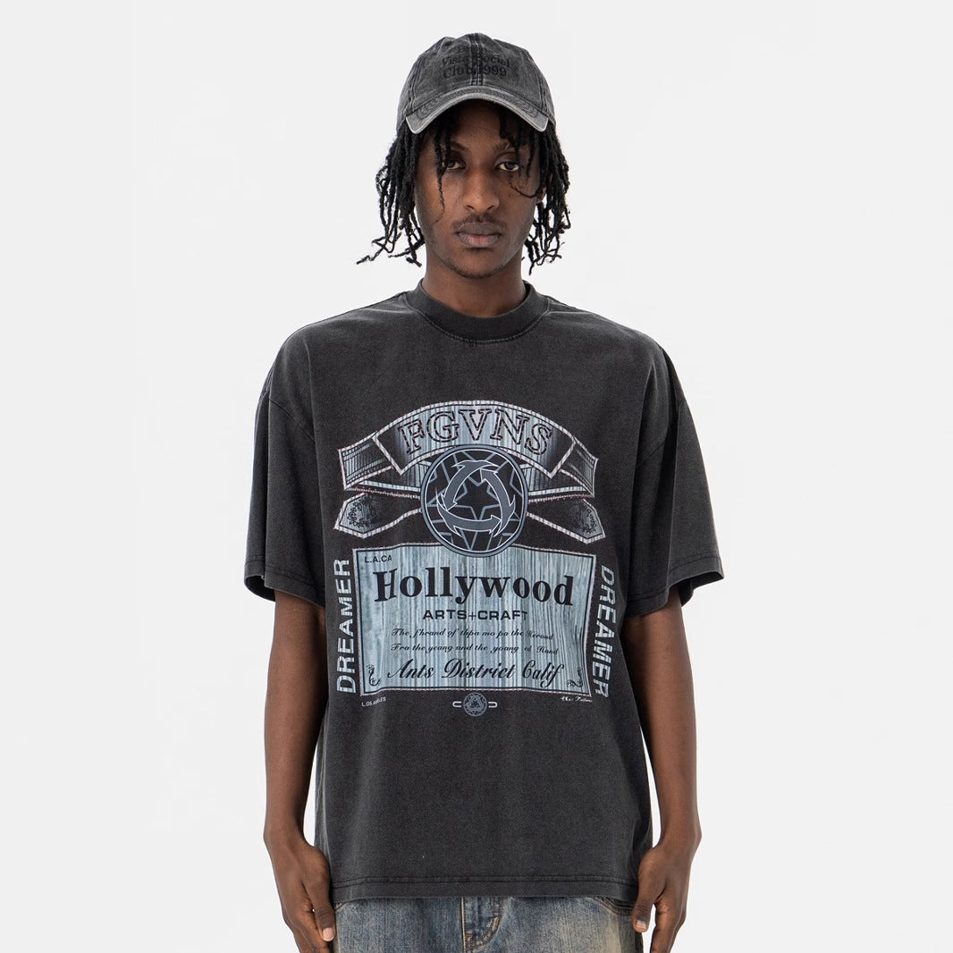 Modieuze Klassieke Effen Kleur Oversized Casual Vintage Ronde Hals T-shirt met Bedrukte Geometrische Print en Korte Mouwen voor Heren