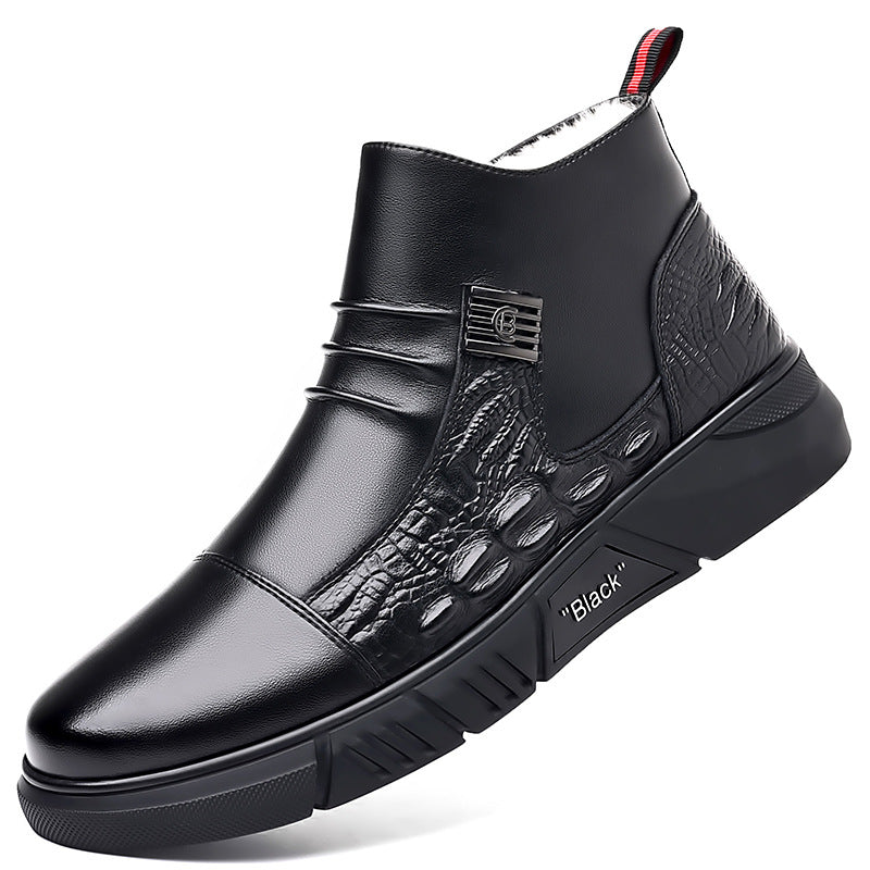 Trendy Casual Effen Kleur Britse Stijl Chelsea Boots van Echt Leer met Fleecevoering en Ronde Neus voor Heren