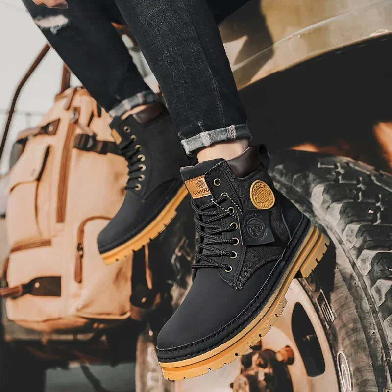 Stijlvolle Casual Business Effen Kleur Outdoor Hoge Workboots van PU-Leer met Patchwork en Dikke Zool