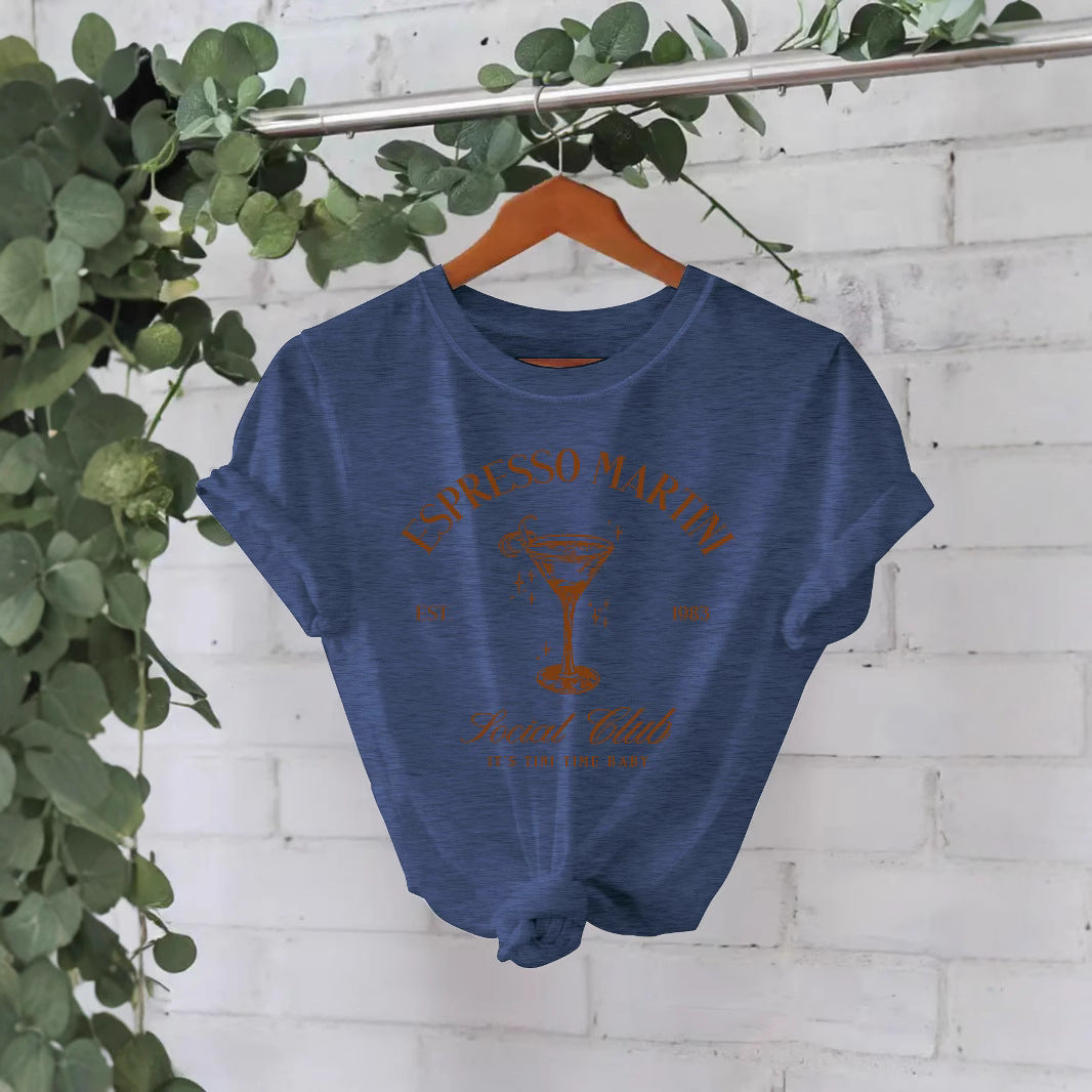 Stijlvolle Streetwear Effen Kleur Casual ESPRESSO MARTNI T-shirt met Ronde Hals en Korte Mouwen voor Dames/Meiden & Plus-Size