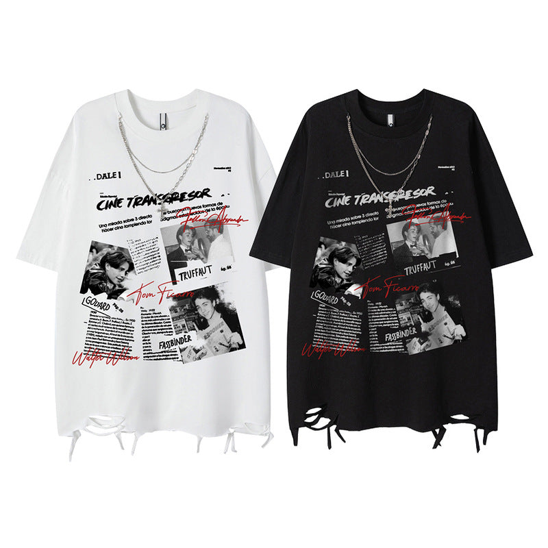 Eenvoudige Casual Effen Kleur Oversized Vintage Fotoprint T-shirt met Ronde Hals en Korte Mouwen voor Heren