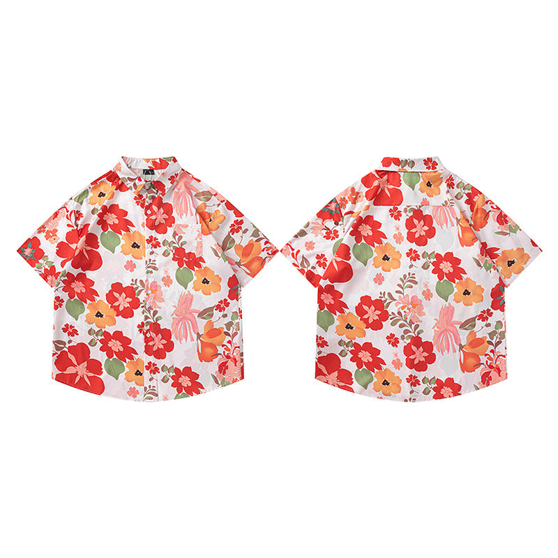 Modieuze Retro Kleurrijke Oversized Casual Vintage Korte Mouw Overhemd met Bloemenprint en Knoopsluiting voor Heren