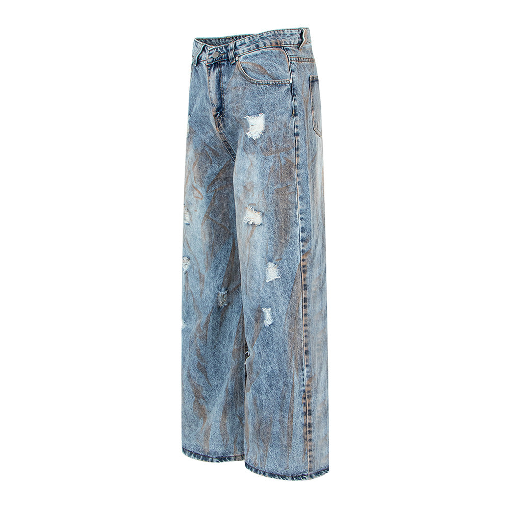 Trendy Modieuze Effen Kleur Oversized Casual Vintage Washed Denim Jeans met een 'Dirty Fit' Look en Rechte Pijpen voor Unisex