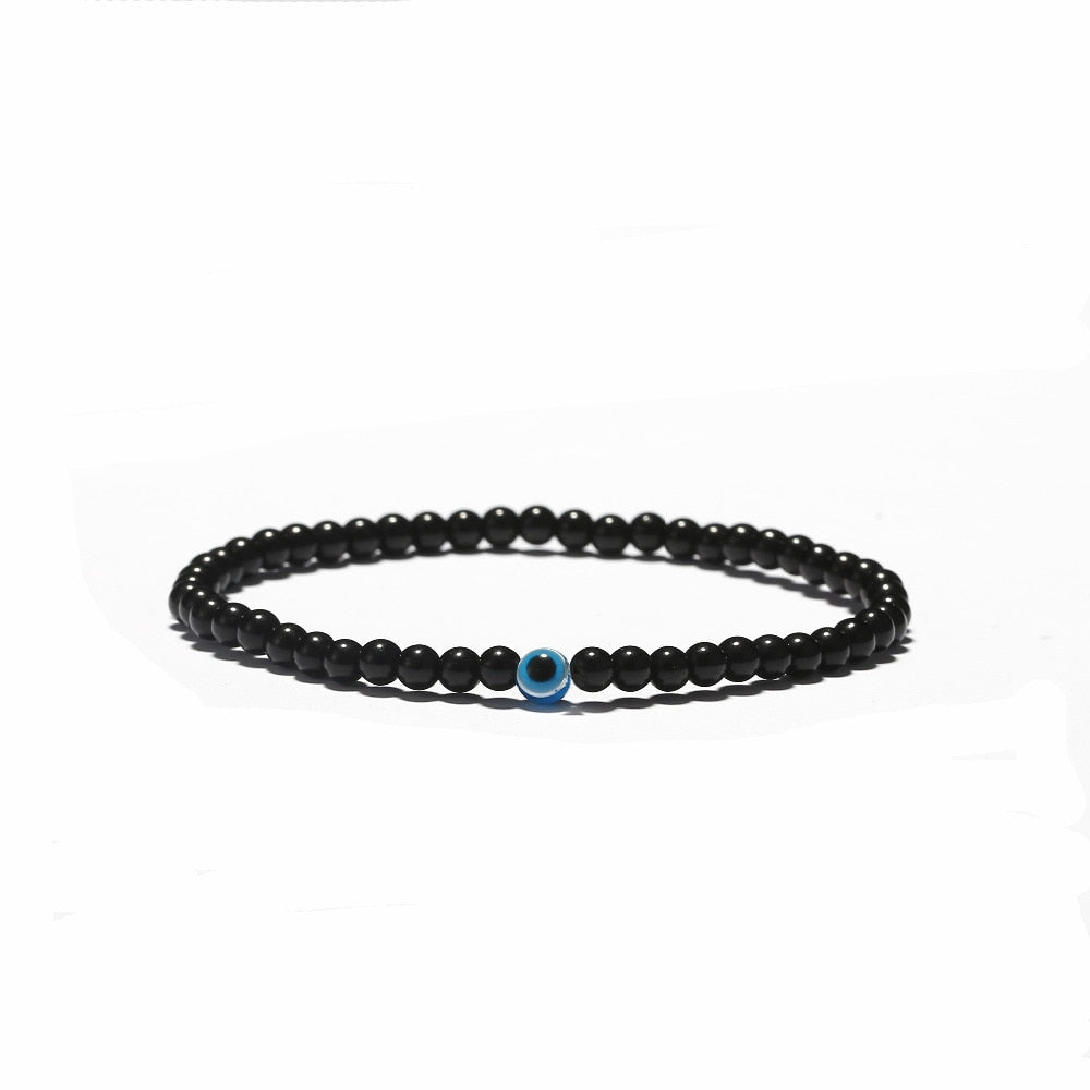 Trendy Effen Kleur Klassieke Turkse Boze-Oog (Nazar) Armband met Zwarte Natuurstenen (Obsidiaan) voor Heren