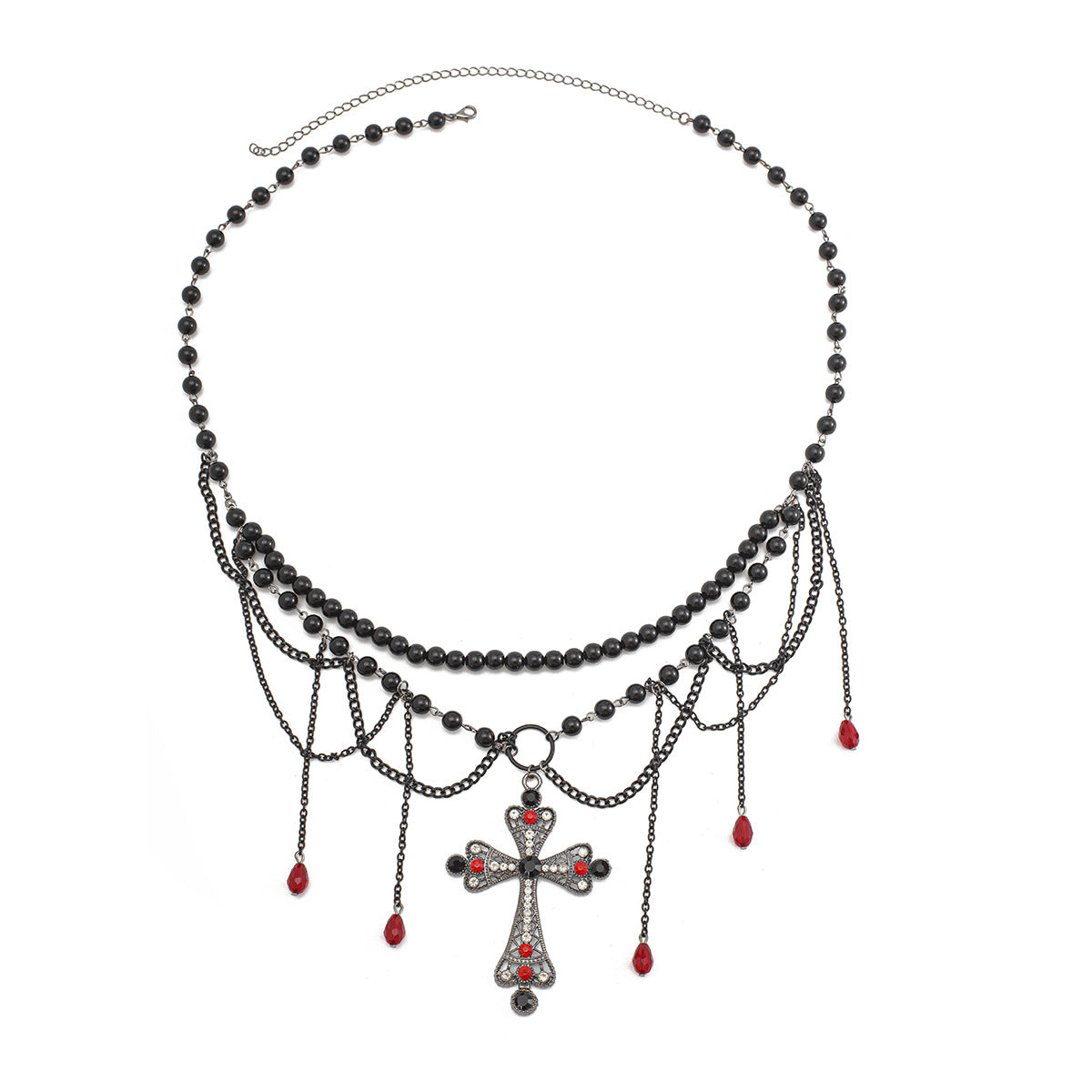 Retro Punkstijl 2-delige Set Gothic Gelaagde Choker/Tailleketting en Bijpassende Gothic Nagelsieraden met Kruis voor Dames