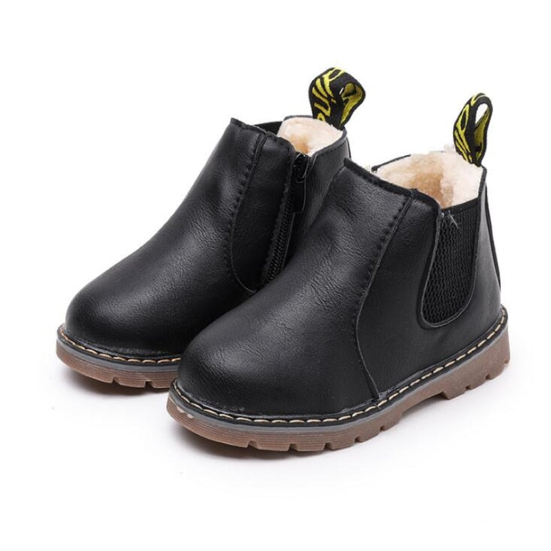Stijlvolle Klassieke Effen Kleur Vintage Chelseaboots van PU-Leer met Fleecevoering en Ronde Neus voor Kinderen