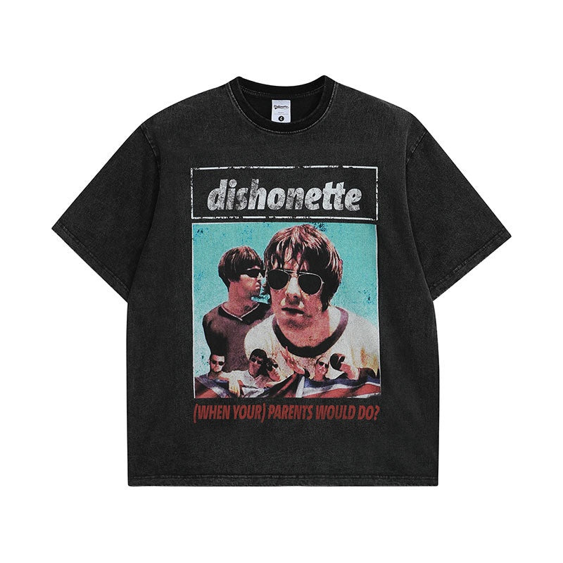 Retrostijl Klassieke Effen Kleur Washed Vintage Cartoonprint T-shirt met Ronde Hals en Korte Mouwen voor Unisex