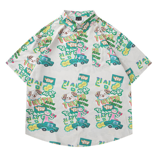 Cartoonprint Trendy Unieke Effen Kleur Casual Vintage Cartoonprint Overhemd met Opstaande Kraag en Korte Mouwen voor Heren