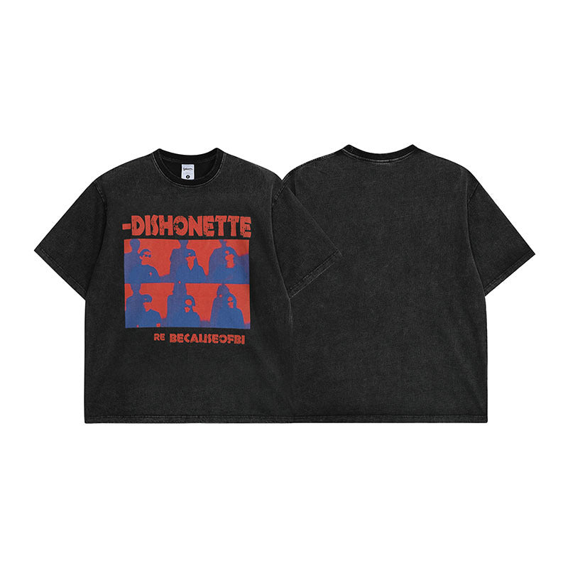 Retrostijl Klassieke Effen Kleur Washed Vintage Cartoonprint T-shirt met Ronde Hals en Korte Mouwen voor Unisex