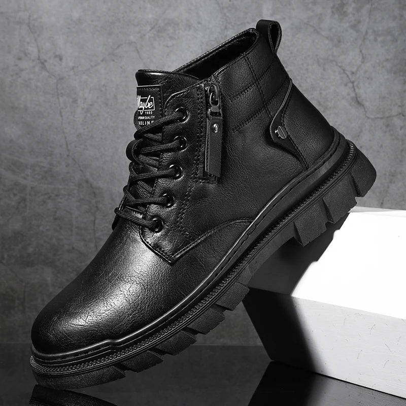 Casual Retro Waterdichte Chelsea Boots van PU-Leer met Ronde Neus en Vetersluiting voor Heren