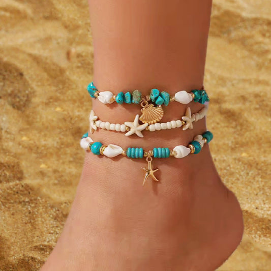 Eenvoudige Strandstijl Elegante Meerlaagse Turquoise Enkelbanden Set met Zeestervormige Rijstkralen voor Dames