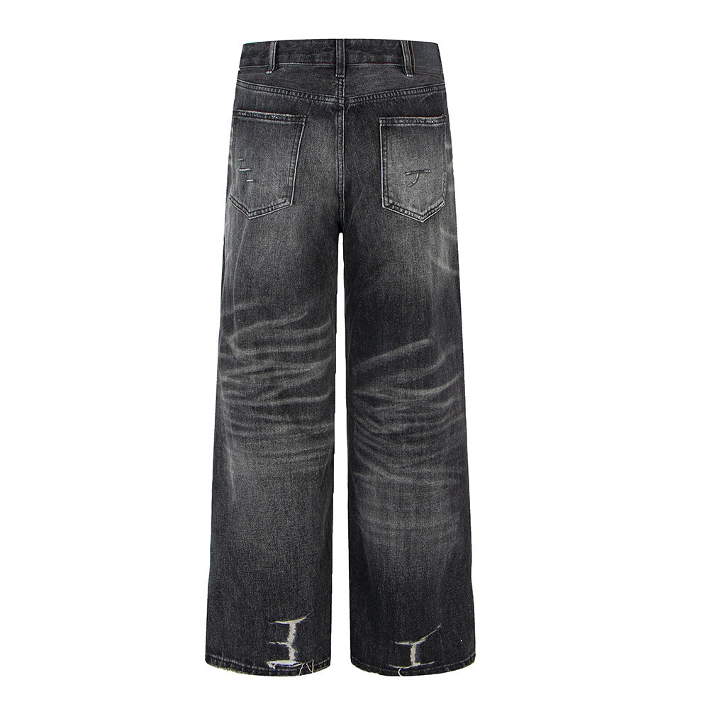 Modieuze Casual Effen Kleur Casual Vintage Washed Ripped Losse Denim Jeans met Rechte Pijpen voor Unisex