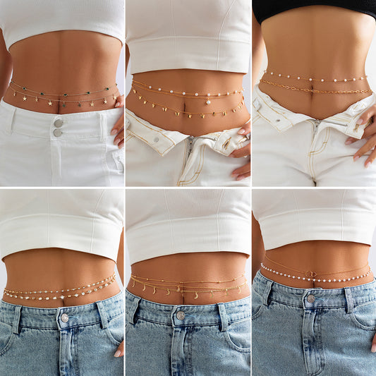 Stijlvolle Elegante Metalen Dubbellaagse Strass-steentjes Tailleketting met Kwastjes Bedeltjes /Imitatie Parels voor Dames