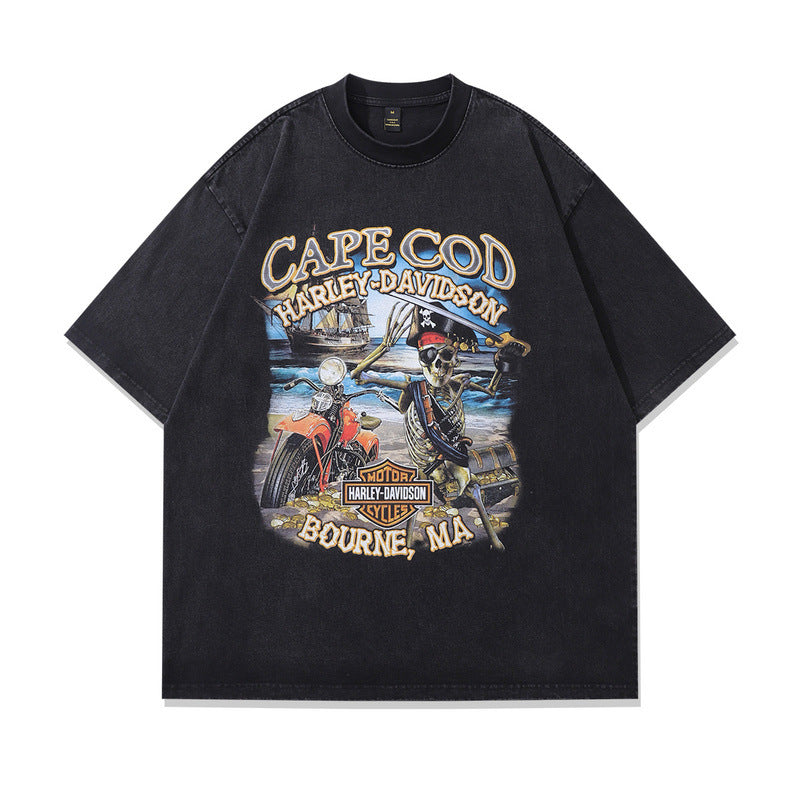 Trendy Retro High Street Fashion Effen Kleur Washed Vintage Cartoonprint T-shirt met Ronde Hals en Korte Mouwen voor Heren & Jongens