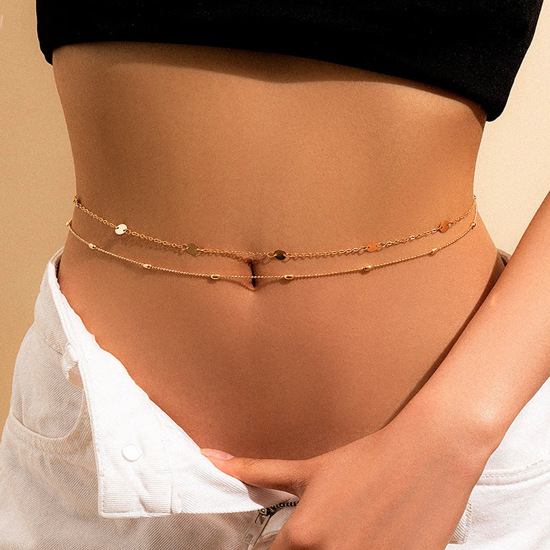 Retro Elegante Dubbellaagse Modieuze Vergulde Tailleketting met Geometrische Metalen Schijf Kwastjes voor Dames
