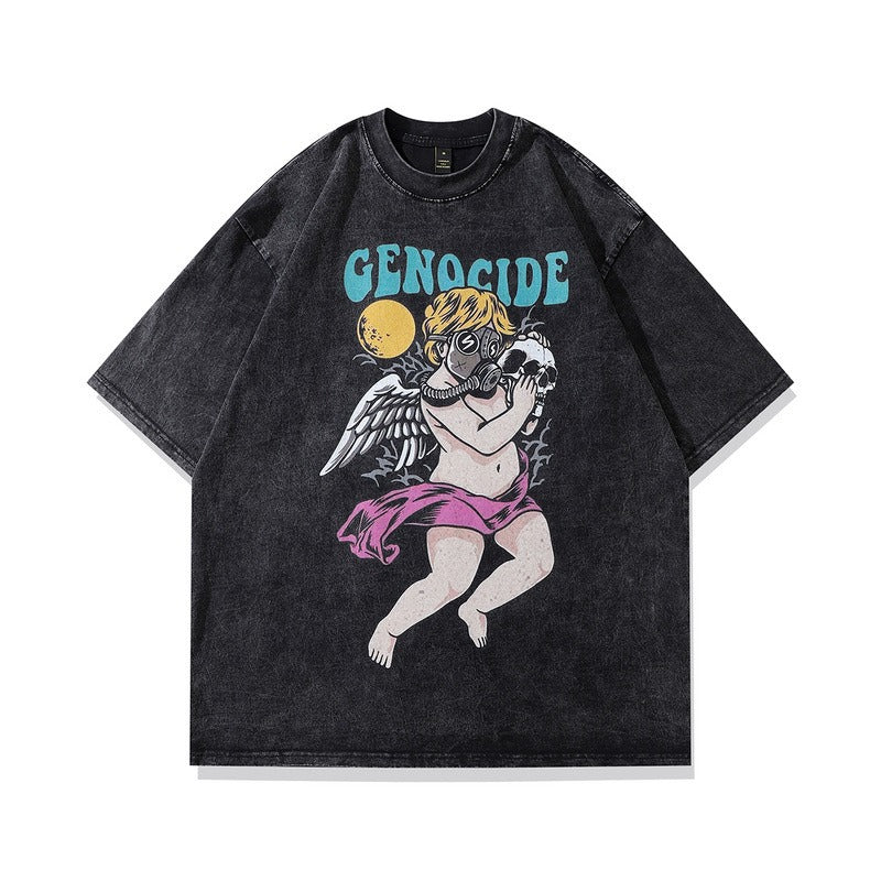 Trendy Effen Kleur Casual Vintage Ronde Hals Cartoonprint T-shirt met Korte Mouwen voor Unisex