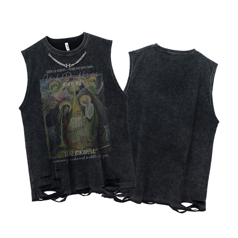 Stijlvolle Klassieke Effen Kleur Mouwloze Casual Vintage Washed Tanktop met Ronde Hals en Cartoon Print voor Heren & Jongens
