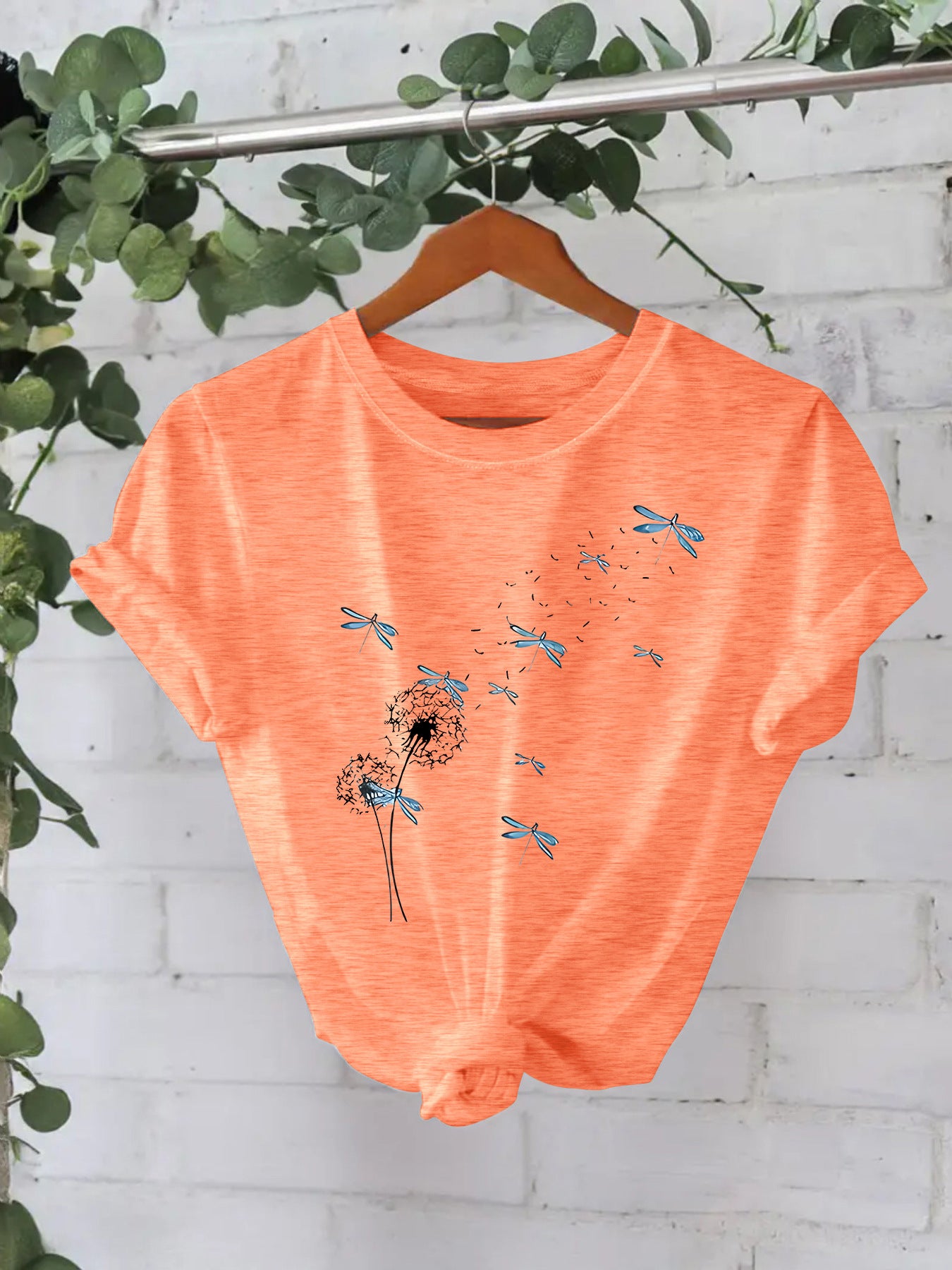 Stijlvolle Basic Streetwear Effen Kleur Casual Ronde Hals T-shirt met Paardenbloemmotief en Korte Mouwen voor Dames & Plus-Size