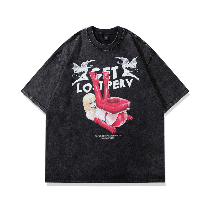 Retro Streetwear Effen Kleur Washed Casual Vintage Cartoonprint T-shirt met Ronde Hals en Korte Mouwen voor Heren