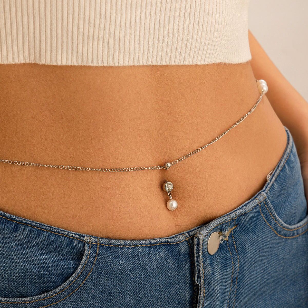 Modieuze Elegante Metalen Zirkoon Tailleketting met Navelpiercing en Imitatie Parel Kwastje voor Dames