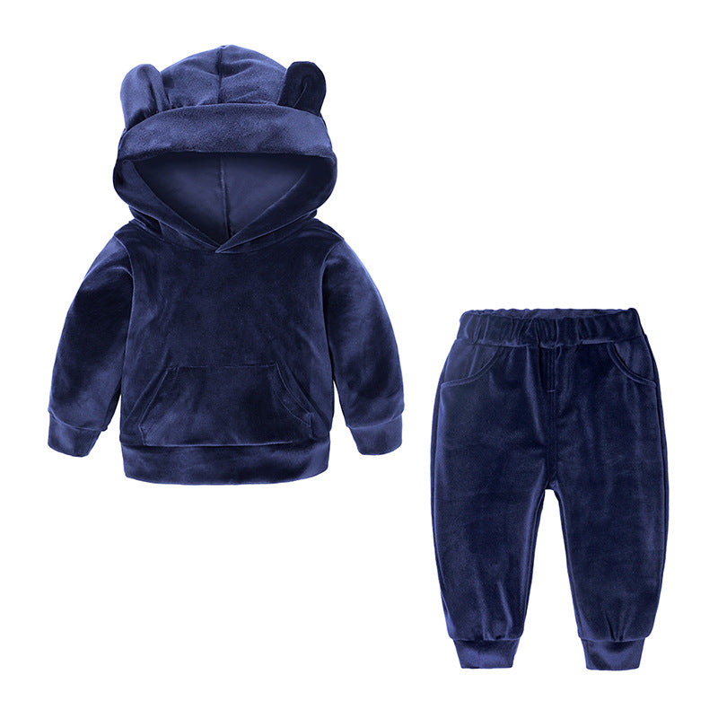 Sportieve Kinderset Casual Effen Kleur Hoodie en Bijpassende Joggingbroek van Fluweel met Gestreepte Patroon en Buidelzak voor Kinderen