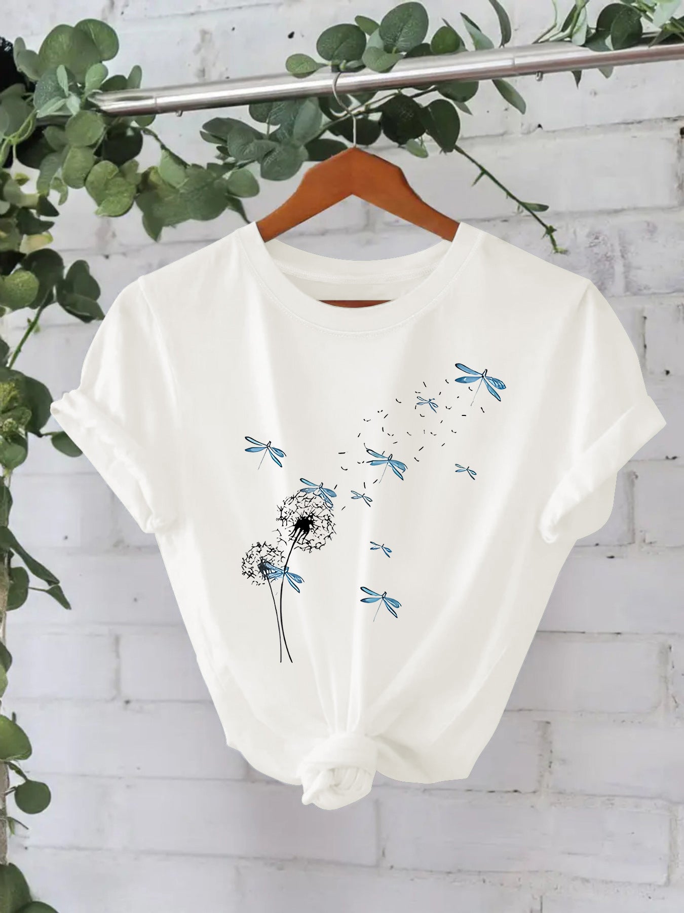 Stijlvolle Basic Streetwear Effen Kleur Casual Ronde Hals T-shirt met Paardenbloemmotief en Korte Mouwen voor Dames & Plus-Size