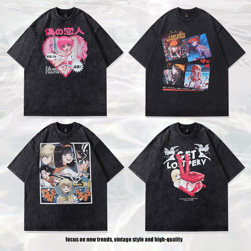 Retro Streetwear Effen Kleur Washed Casual Vintage Cartoonprint T-shirt met Ronde Hals en Korte Mouwen voor Heren