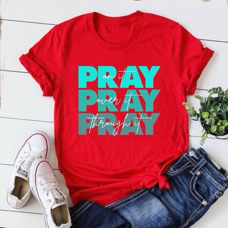 Modieuze Streetwear Effen Kleur Casual Vintage Religieus T-shirt met Ronde Hals en Korte Mouwen voor Dames/Plus-size & Meiden