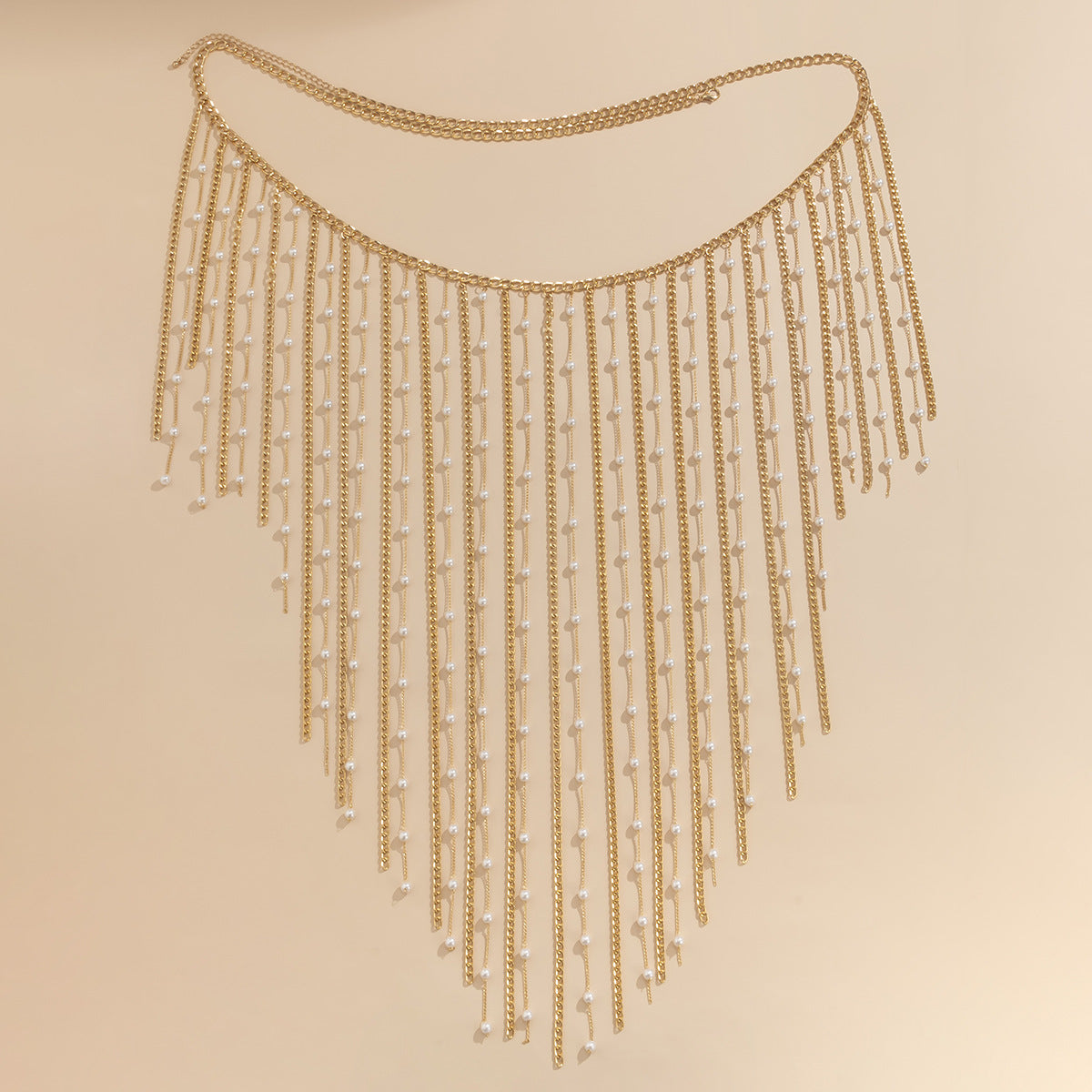 Modieuze Eenvoudige Gegalvaniseerde Metalen Aluminium Geometrische Bodychain met Kwastjes en Imitatie Parels voor Dames