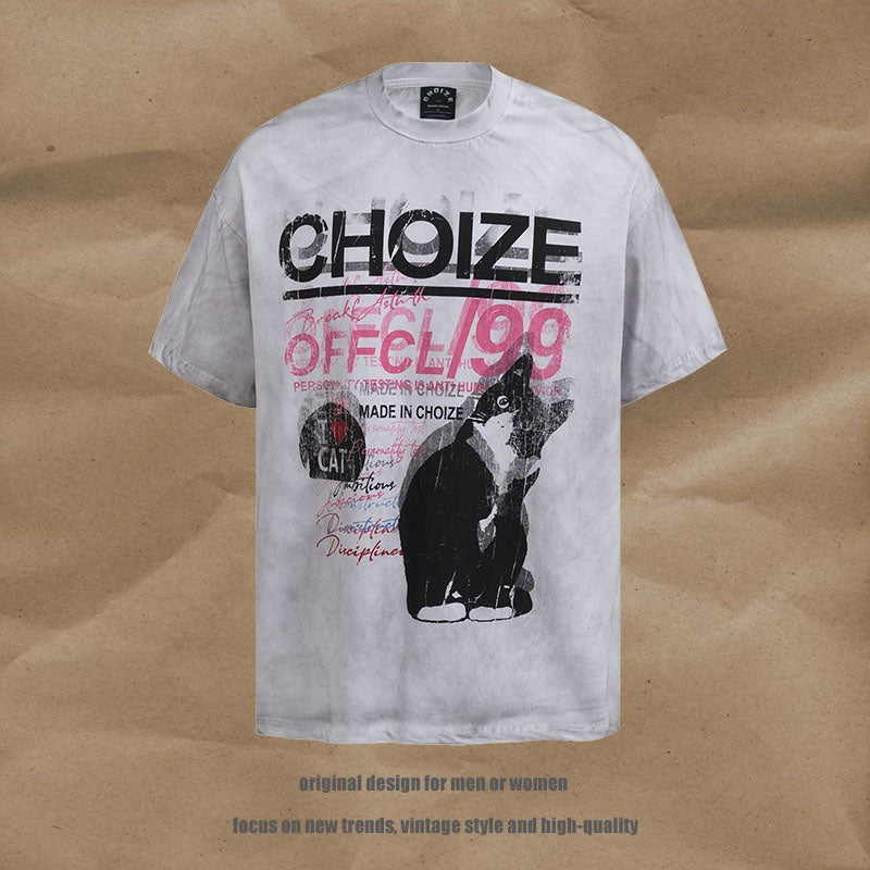 Trendy Stijlvolle Effen Kleur Oversized Casuall Vintage Washed Ronde Hals T-shirt met Cartoon Kattenprint en Korte Mouwen voor Heren