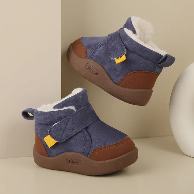 Trendy Effen Kleur Warme Winterse Enkellaarsjes van Pluche en PU-Leer met Ronde Neus en Klittenbandsluiting voor Kinderen