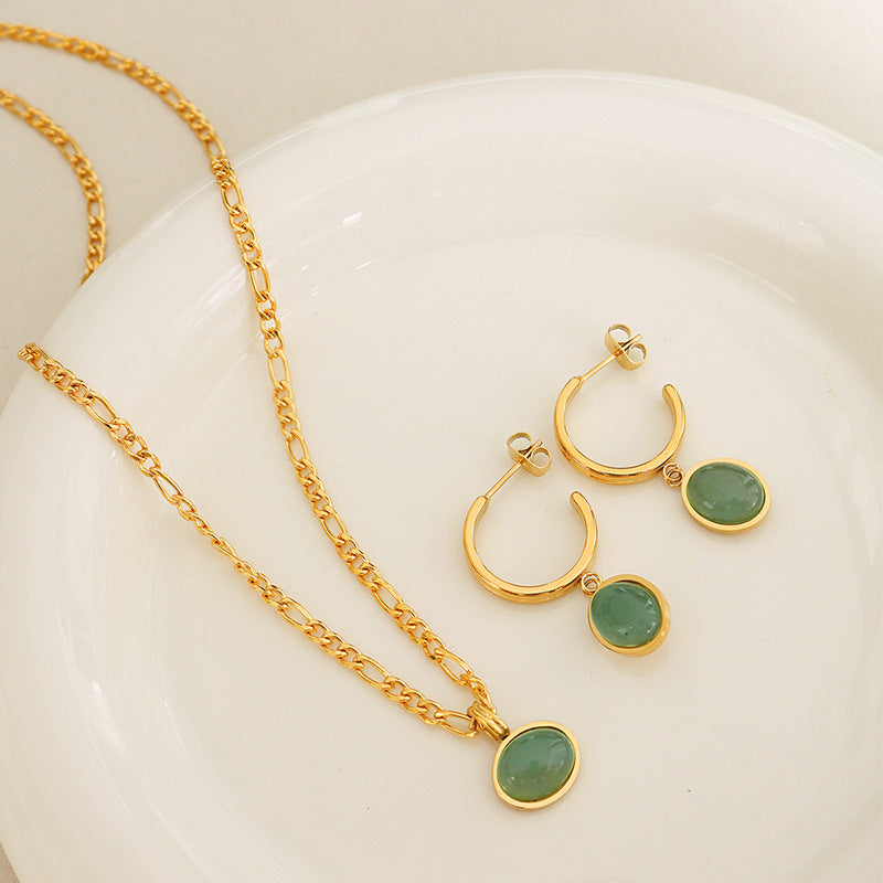 Modieuze Retro Etnische Temperamentvolle Halsketting/Oorbellen/Set met Natuurlijke Groene Agaat Hanger voor Dames