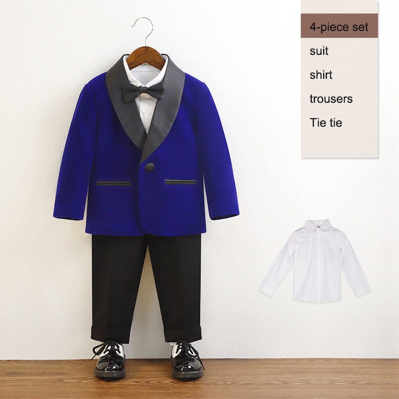 Elegante Effen Kleur Britse Stijl Kinderkostuum Reverskraag Blazer met Overhemd Inclusief Strikje en Bijpassende Pantalon voor Jongetjes