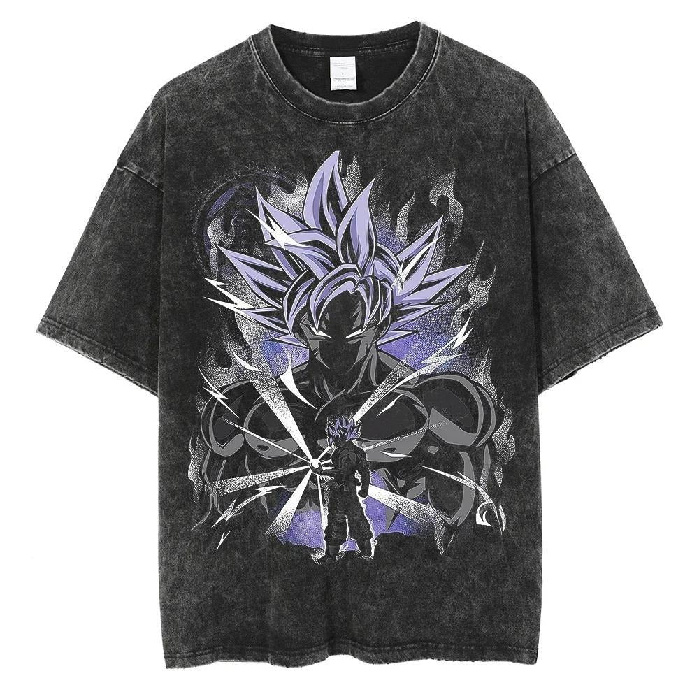 Hiphopstijl Klassieke Effen Kleur Oversized Casual Vintage Washed Cartoonprint T-shirt met Ronde Hals en Korte Mouwen voor Heren, Zwart Vintage