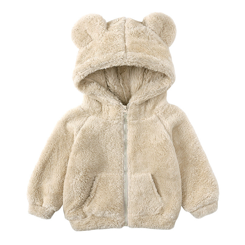 Trendy Winterse Warme Effen Kleur Schattige Casual Dikke Jas van Lamsfluweel met Capuchon en Ritssluiting voor Kinderen
