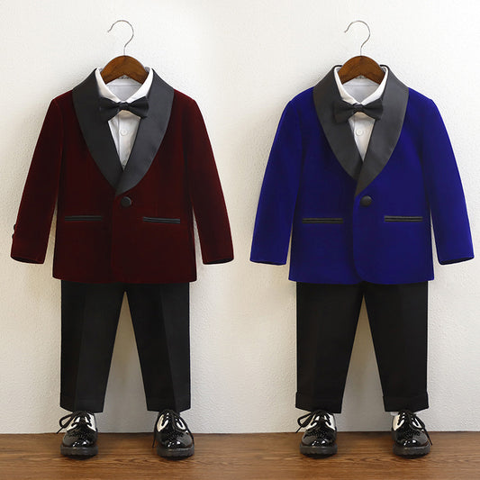 Elegante Effen Kleur Britse Stijl Kinderkostuum Reverskraag Blazer met Overhemd Inclusief Strikje en Bijpassende Pantalon voor Jongetjes