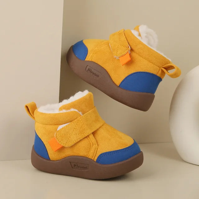 Trendy Effen Kleur Warme Winterse Enkellaarsjes van Pluche en PU-Leer met Ronde Neus en Klittenbandsluiting voor Kinderen