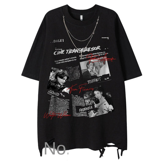 Eenvoudige Casual Effen Kleur Oversized Vintage Fotoprint T-shirt met Ronde Hals en Korte Mouwen voor Heren