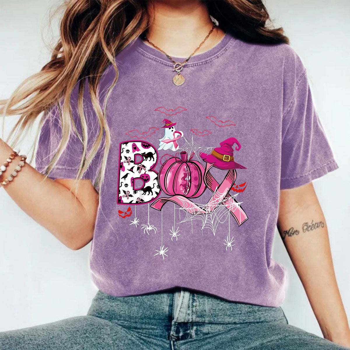 Stijlvolle Effen Kleur Casual Vintage Ronde Hals T-shirt met Cartoonprint en Korte Mouwen voor Dames & Plus-Size