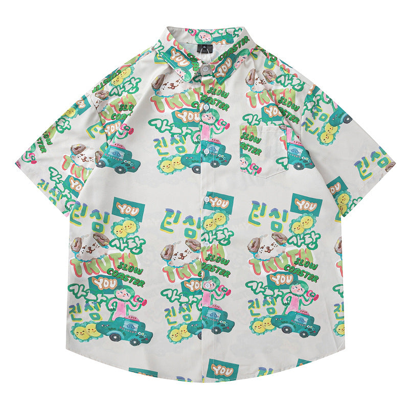Cartoonprint Trendy Unieke Effen Kleur Casual Vintage Cartoonprint Overhemd met Opstaande Kraag en Korte Mouwen voor Heren