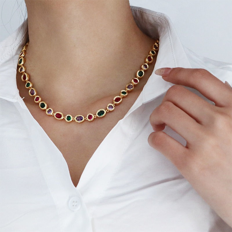 Modieuze Veelzijdige Gepersonaliseerde Niche Elegante Lichte Kleurrijke Retro Geometrische Zirkoon Halsketting/Armband voor Dames