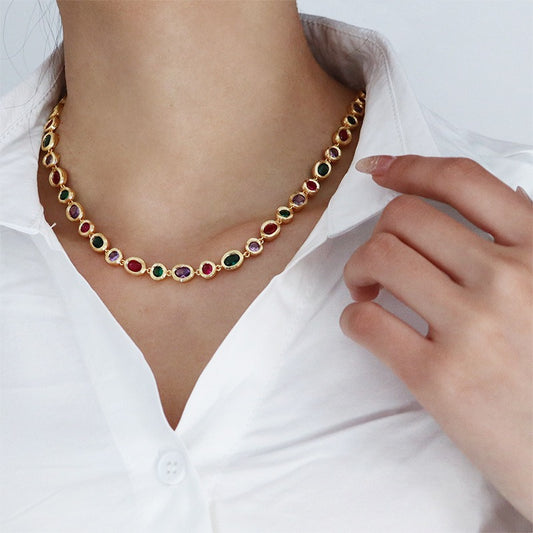 Modieuze Veelzijdige Gepersonaliseerde Niche Elegante Lichte Kleurrijke Retro Geometrische Zirkoon Halsketting/Armband voor Dames