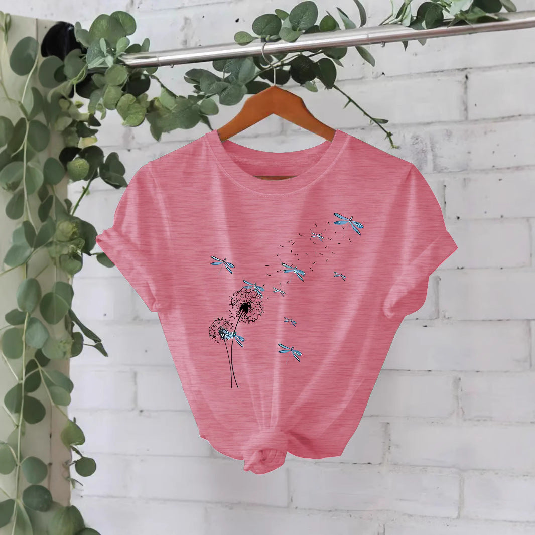 Stijlvolle Basic Streetwear Effen Kleur Casual Ronde Hals T-shirt met Paardenbloemmotief en Korte Mouwen voor Dames & Plus-Size