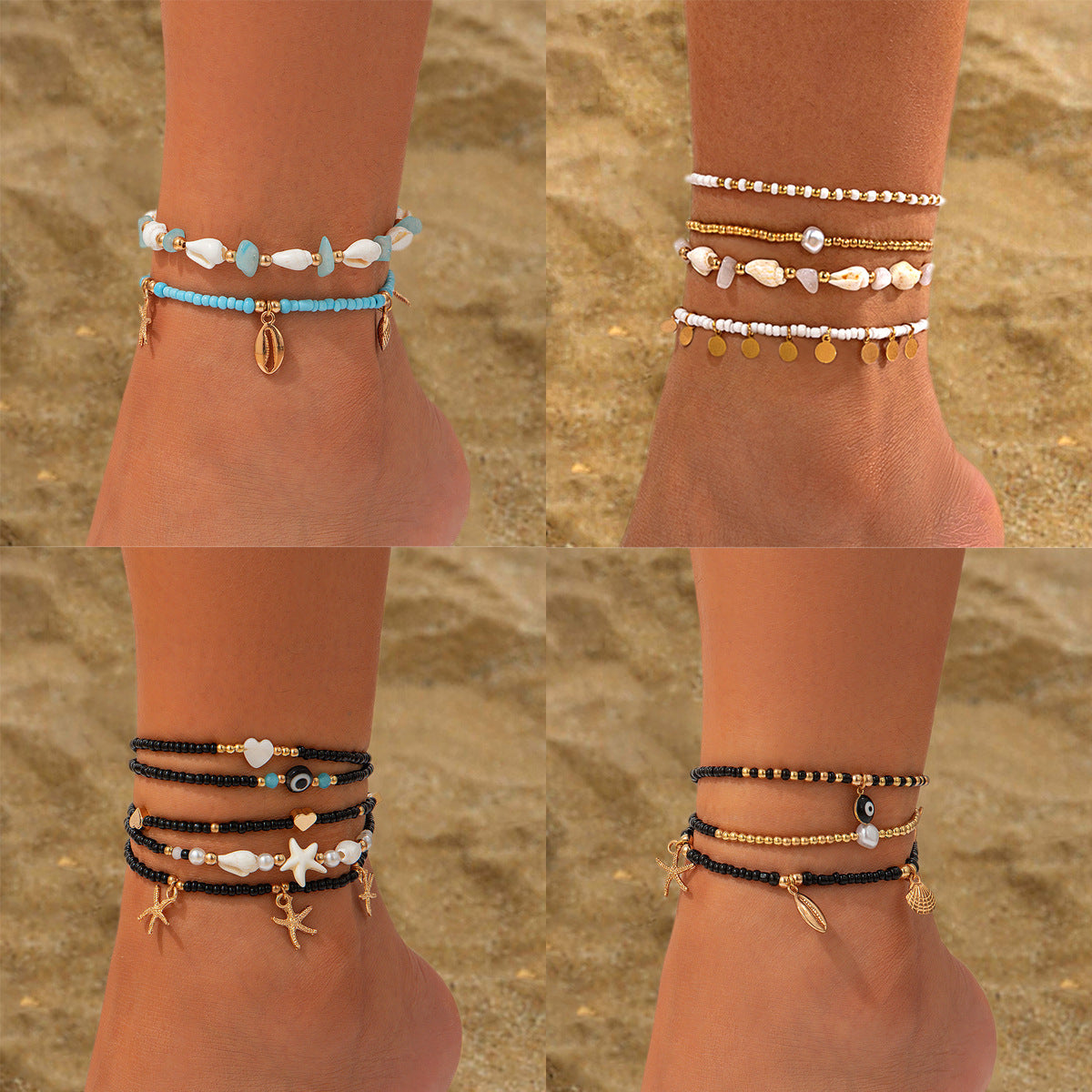 Strandstijl Casual 3-delige set Enkelbanden Set met Rijstkralen en Waterdruppelvormige/ Munten Kwastjes