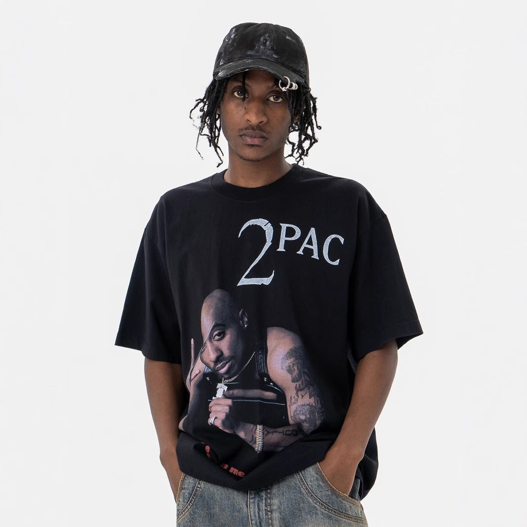 Retro Hiphopstijl Effen Kleur Oversized Casual Ronde T-shirt met Bedrukte Grafische Fotoprint en Korte Mouwen voor Heren